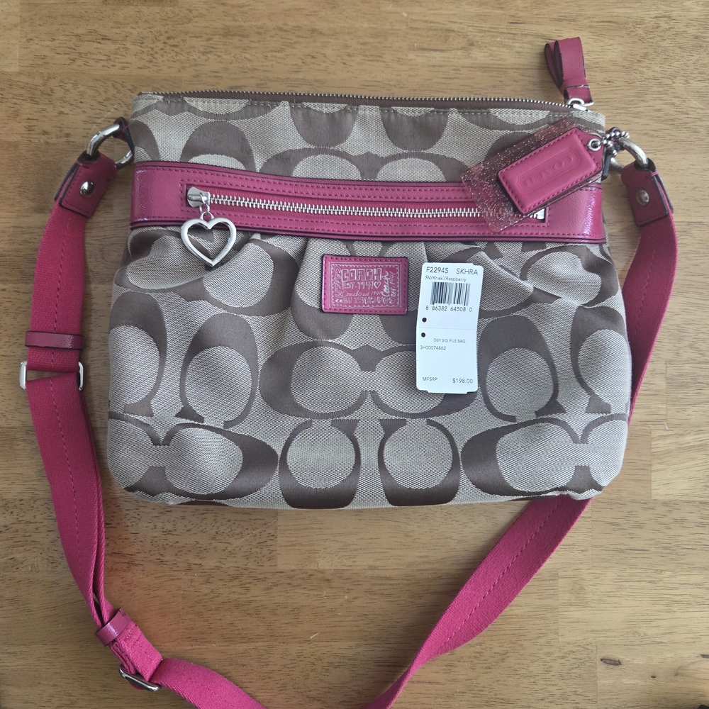 Coach Signature Canvas Crossbody Bag in Brown and Pink